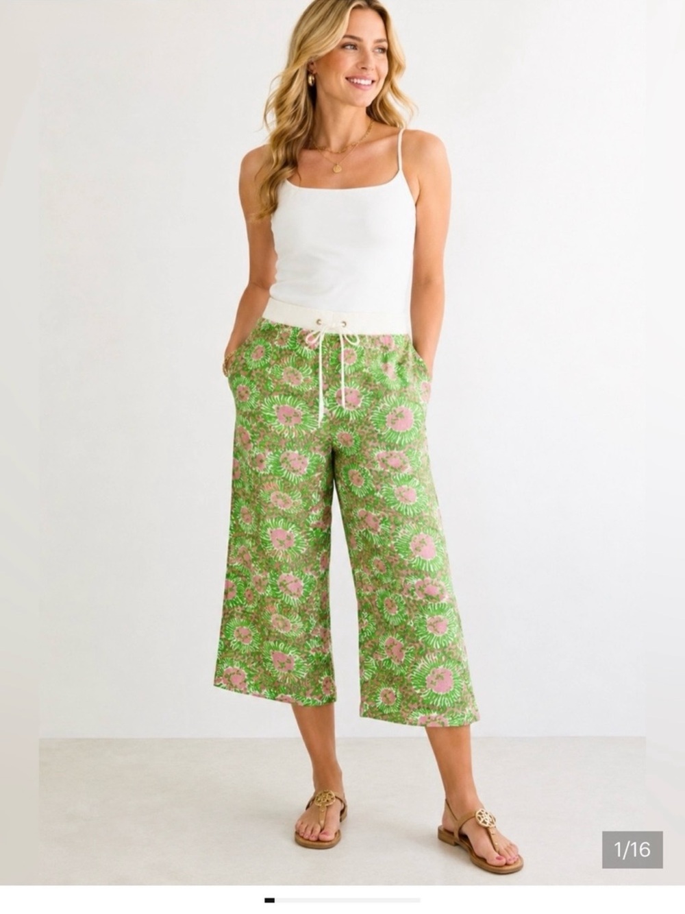 Lilly Pulitzer Lion Print Beach Pant Linen Wide Leg Crop Capri L Pink Green